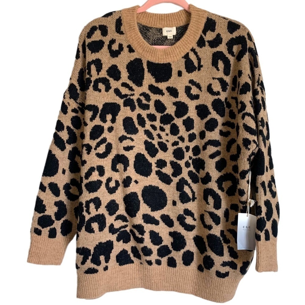 Boho Leopard Animal Print Oversized Wool Blend Fuzzy Sweater NWT Small Medium